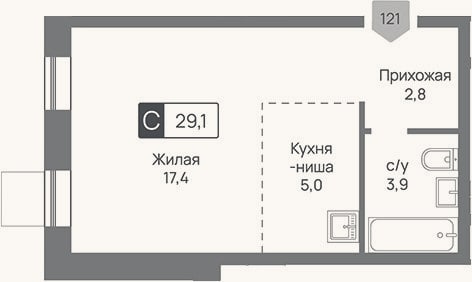 Планировка: Студия, 29,1 м²