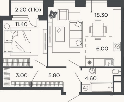 Планировка: 2-к, 49,1 м²