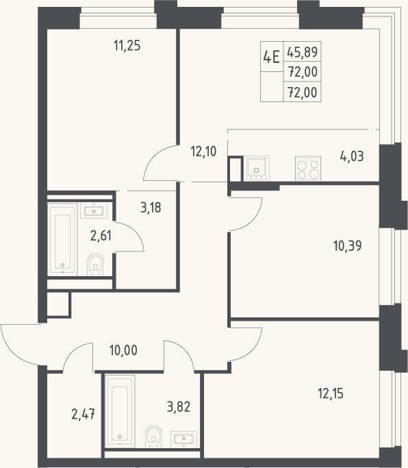 Планировка: 4+ к, 72 м²