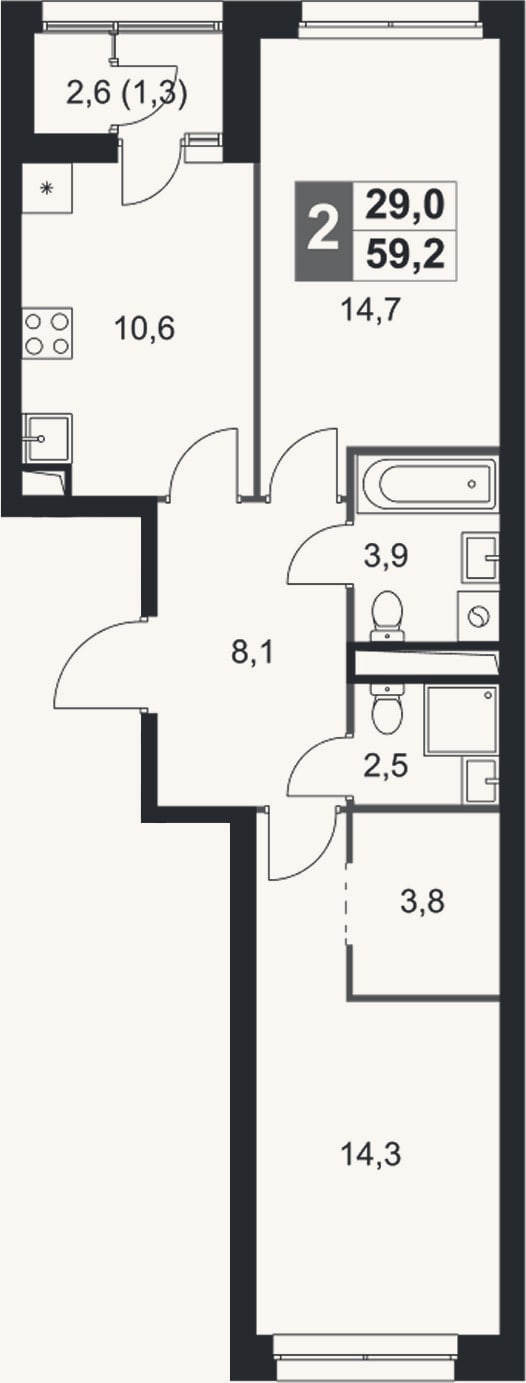 Планировка: 2-к, 57,9 м²