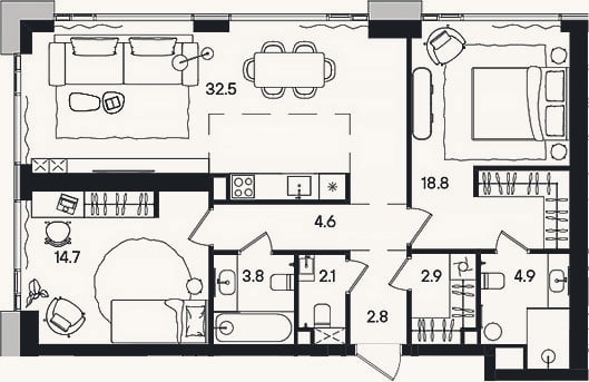 Планировка: 3-к, 88,1 м²