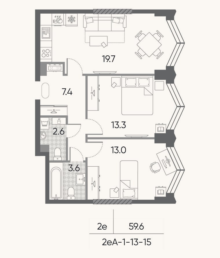 Планировка: 3-к, 59,6 м²