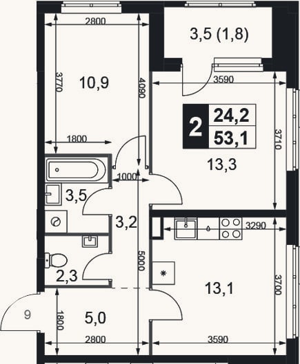 Планировка: 2-к, 51,3 м²