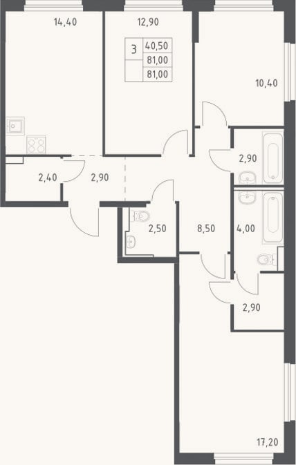 Планировка: 3-к, 81 м²
