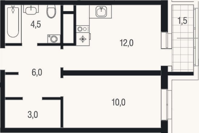 Планировка: 1-к, 35,5 м²