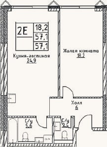 Планировка: 2-к, 57,1 м²