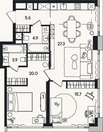 Планировка: 3-к, 77,4 м²