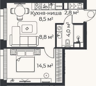 Планировка: 2-к, 38,6 м²
