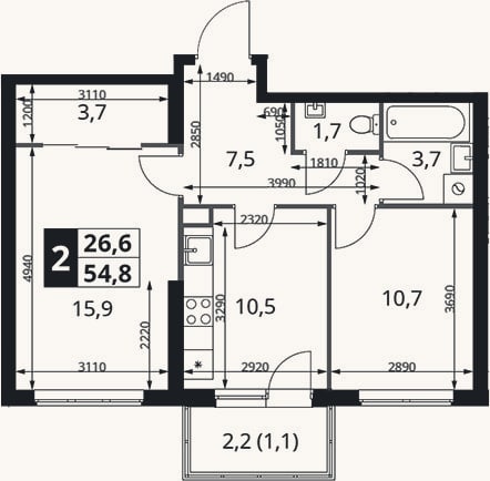 Планировка: 2-к, 53,7 м²
