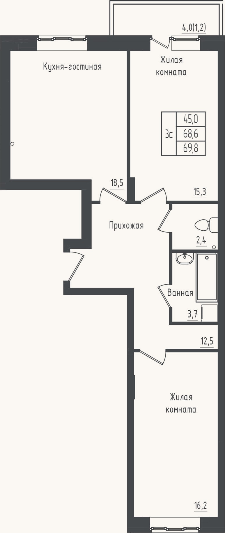 Планировка: 2-к, 68,6 м²
