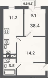 Планировка: 1-к, 38,1 м²