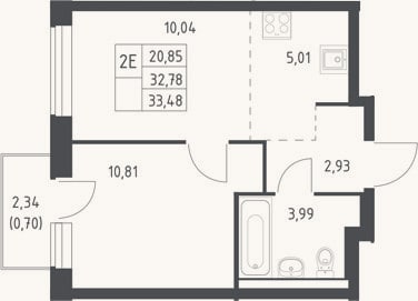 Планировка: 2-к, 32,8 м²
