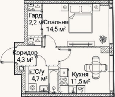 Планировка: 1-к, 37,2 м²