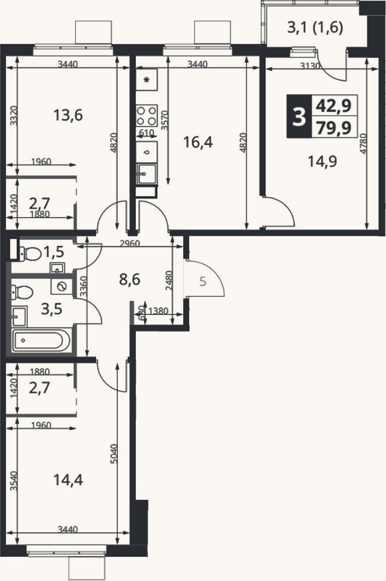 Планировка: 3-к, 78,3 м²