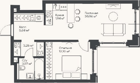 Планировка: 2-к, 47,9 м²