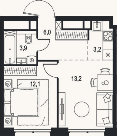 Планировка: 2-к, 38,4 м²