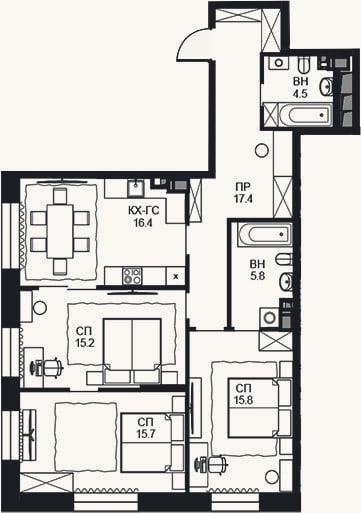 Планировка: 3-к, 90,8 м²