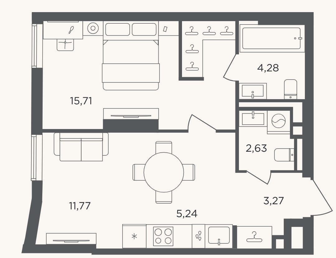 Планировка: 2-к, 42,9 м²