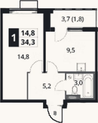 Планировка: 1-к, 32,5 м²