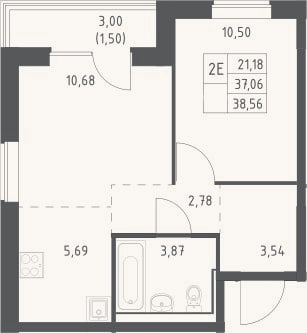 Планировка: 2-к, 37,1 м²