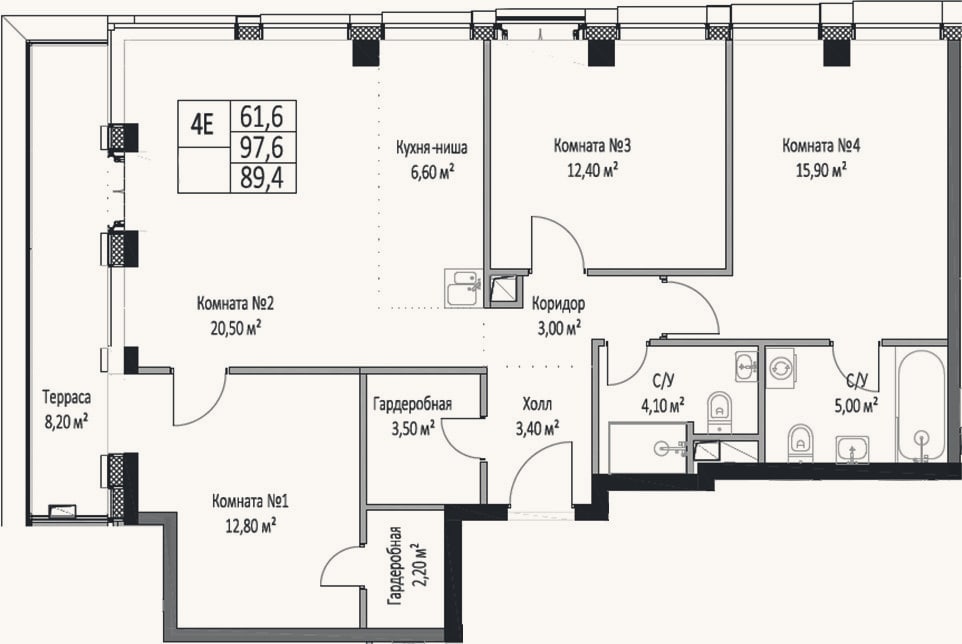 Планировка: 4+ к, 89,4 м²