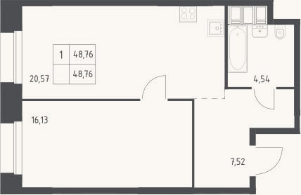 Планировка: 1-к, 48,8 м²