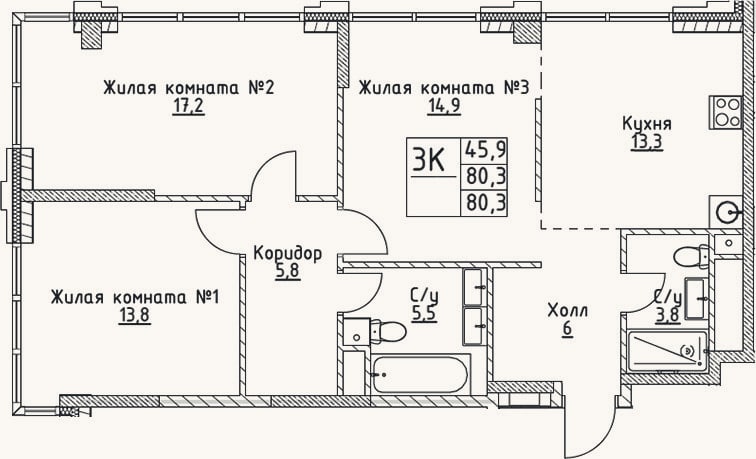 Планировка: 3-к, 80,3 м²