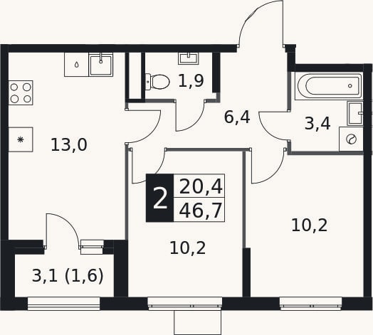 Планировка: 2-к, 45,1 м²