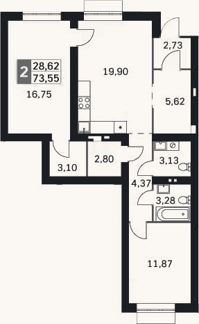 Планировка: 3-к, 73,6 м²