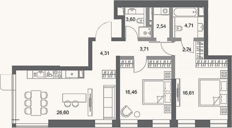 Планировка: 2-к, 81,3 м²