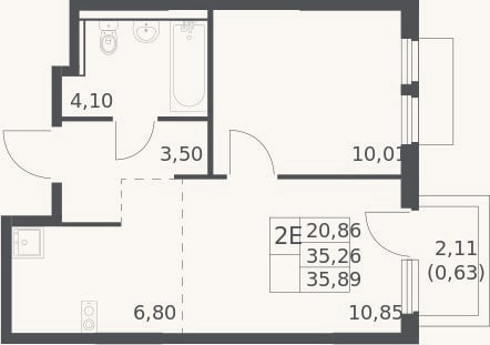 Планировка: 2-к, 35,3 м²