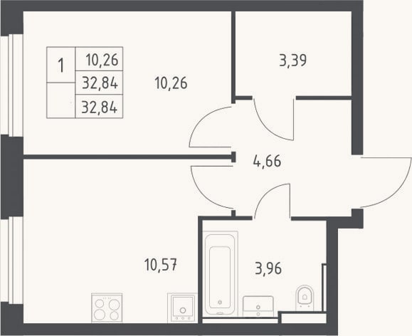Планировка: 1-к, 32,8 м²