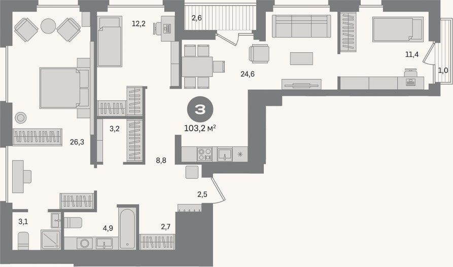 Планировка: 3-к, 99,6 м²