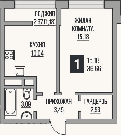 Планировка: 1-к, 34,3 м²