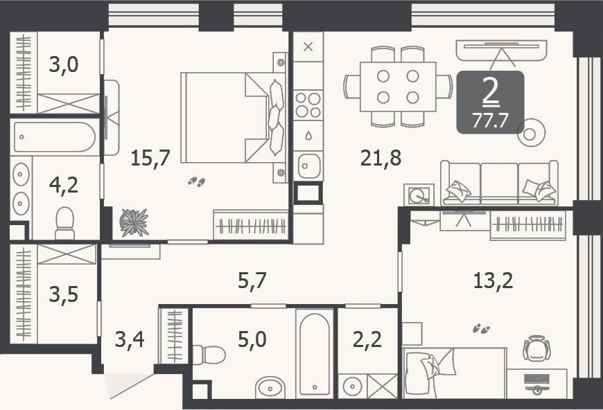 Планировка: 3-к, 77,7 м²