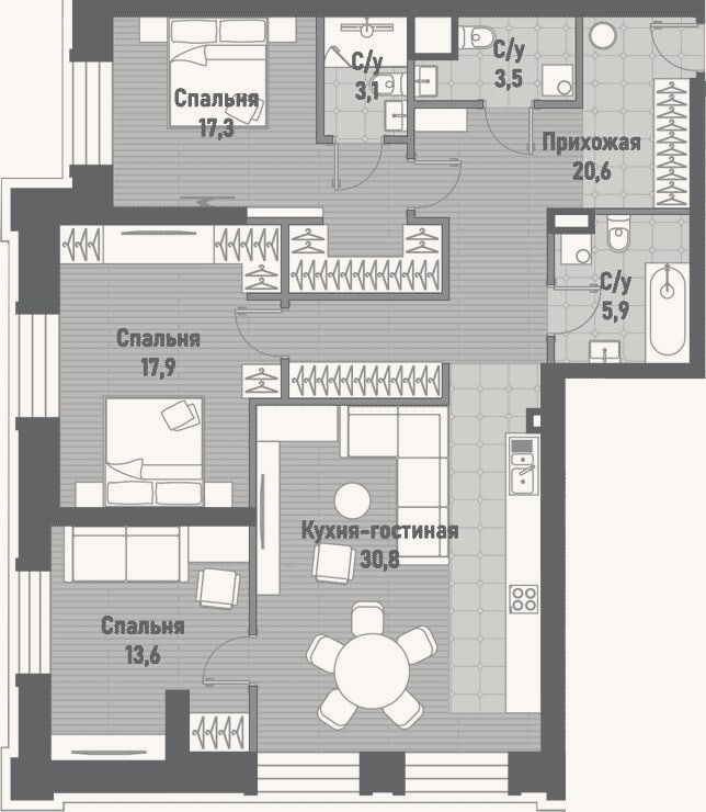 Планировка: 4+ к, 112,7 м²