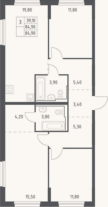 Планировка: 4+ к, 84,9 м²