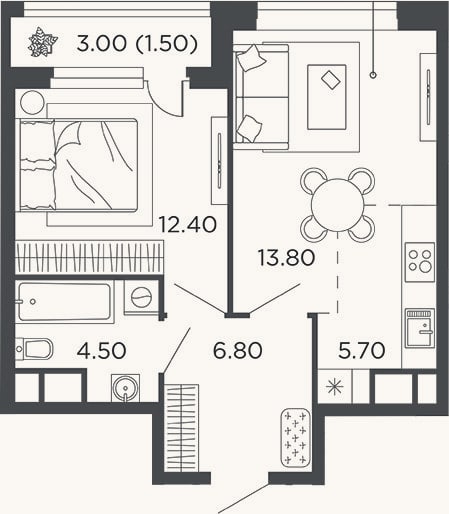Планировка: 2-к, 43,2 м²