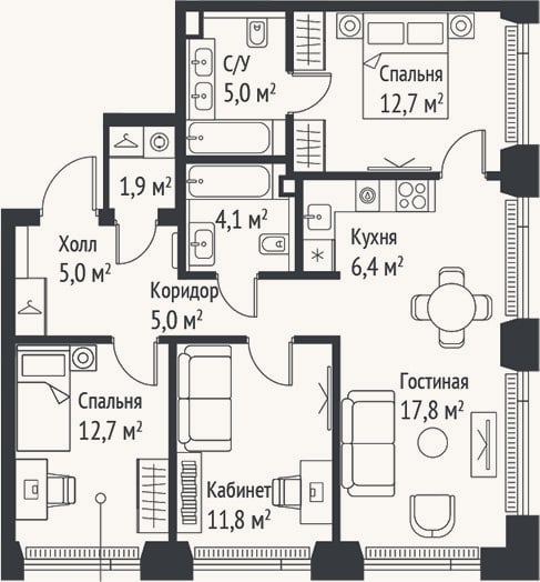 Планировка: 4+ к, 79,6 м²