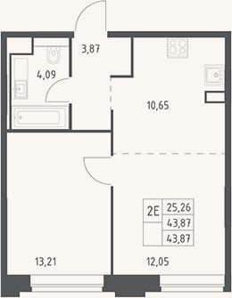 Планировка: 2-к, 43,9 м²