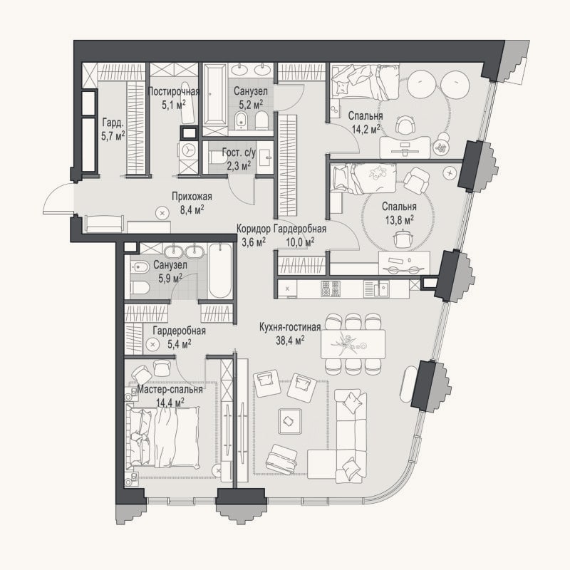Планировка: 4+ к, 131,9 м²