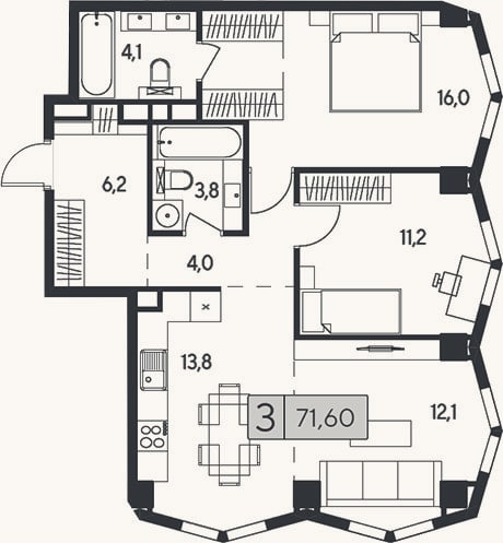Планировка: 3-к, 71,6 м²