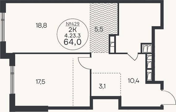 Планировка: 2-к, 64 м²