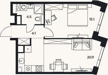 Планировка: 2-к, 44,6 м²