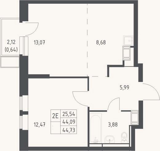Планировка: 2-к, 44,1 м²