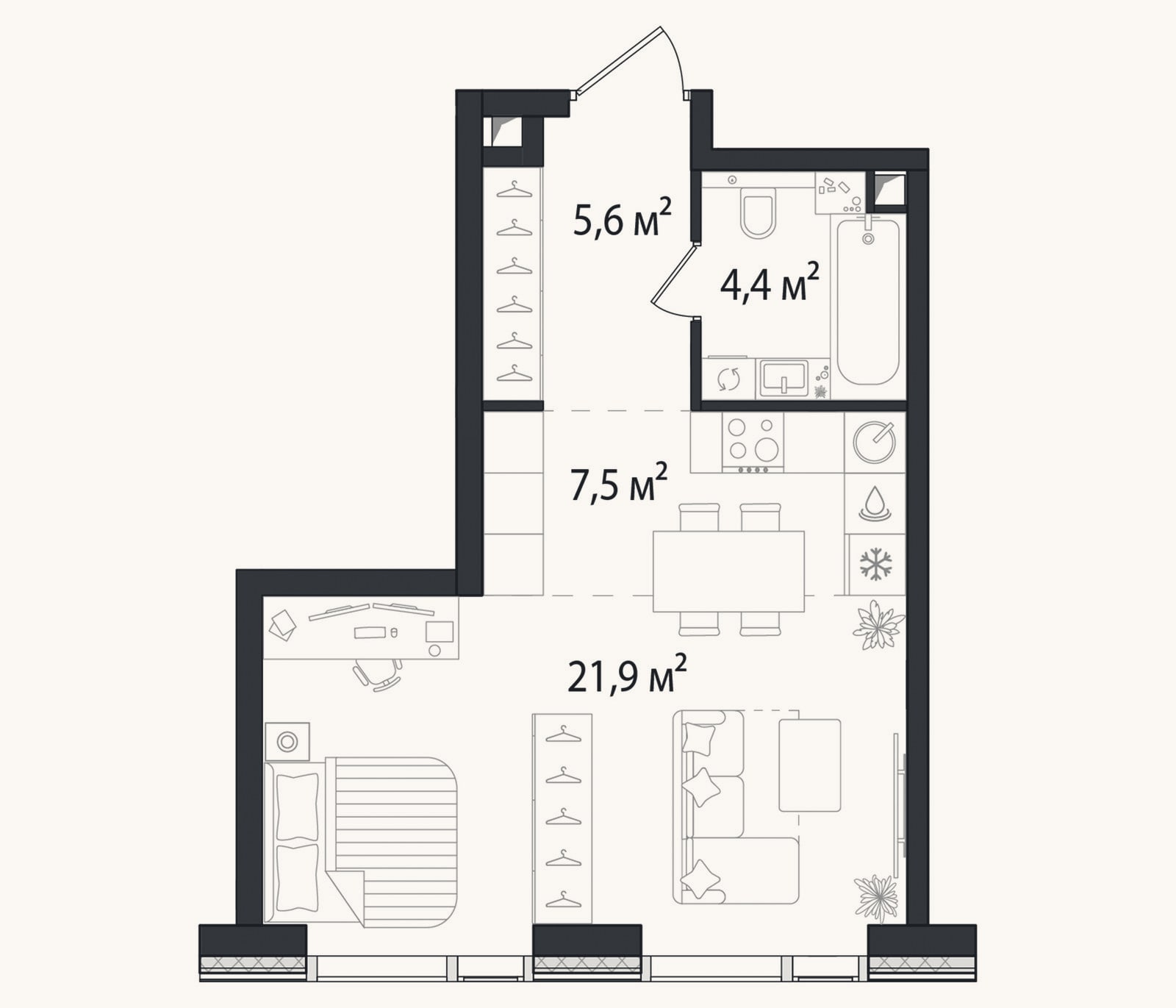Планировка: Студия, 39 м²