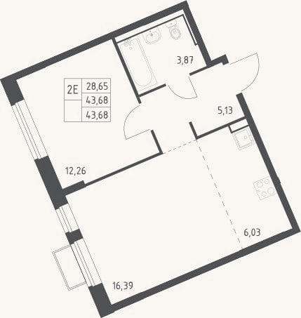 Планировка: 2-к, 43,7 м²