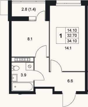 Планировка: 1-к, 32,7 м²
