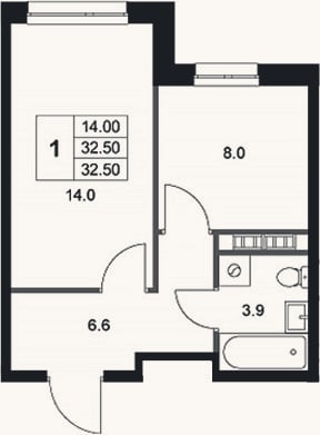 Планировка: 1-к, 32,5 м²