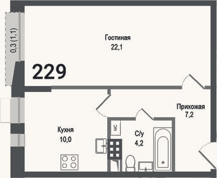 Планировка: 1-к, 43,5 м²